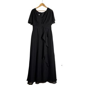 JJ’s House Women's Chiffon Pleated Maxi Gown Dress With Ruffle Size 16 Black NWT